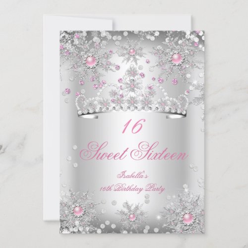 Sweet 16 Pink Snowflakes Silver Winter Wonderland Invitation