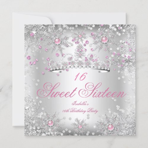 Sweet 16 Pink Snowflakes Silver Winter Wonderland Invitation