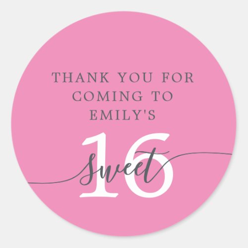 Sweet 16 Pink Thank You Custom Name  Classic Round Sticker