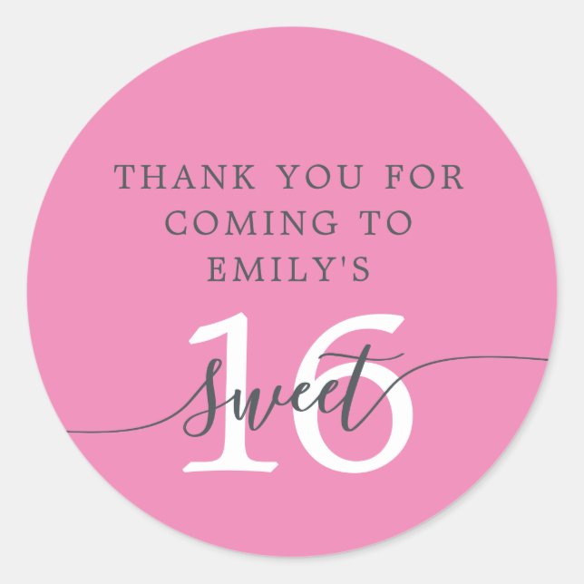 Sweet 16 Pink Thank You Custom Name  Classic Round Sticker (Front)