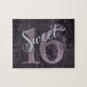 Sweet 16 Pink Watercolor and Faux Glitter Party Jigsaw Puzzle