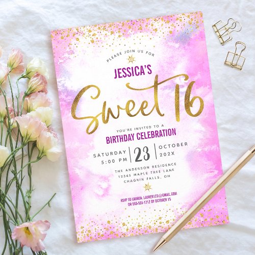 Sweet 16 Pink Watercolor Gold Girly Glam Birthday Invitation