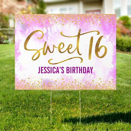 Sweet 16 Pink Watercolor Gold Girly Glam Birthday Sign