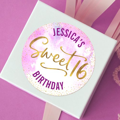 Sweet 16 Pink Watercolor Gold Glam Script Birthday Classic Round Sticker