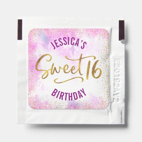 Sweet 16 Pink Watercolor Gold Script Birthday Glam Hand Sanitizer Packet