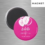 Sweet 16 pink white balloons party magnet<br><div class="desc">For a Sweet 16,  16th birthday party.  A trendy pink background decorated with white balloons.   The name is written with a modern hand lettered style script.  Personalize and add a name and date.</div>