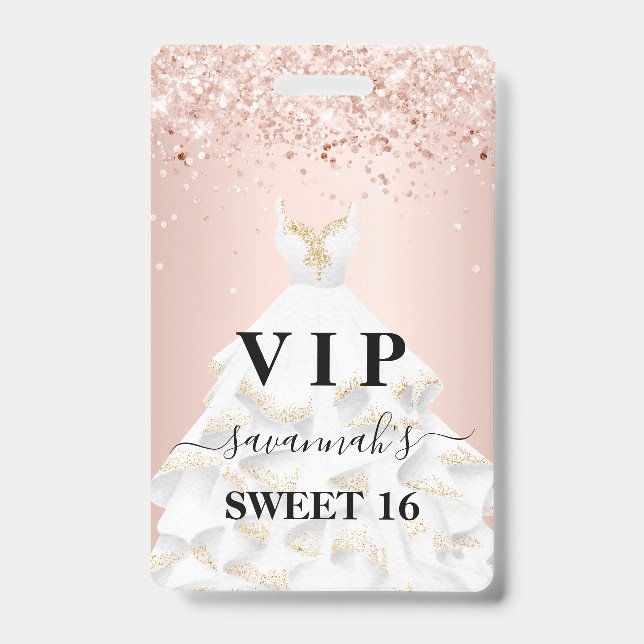 Sweet 16 pink white dress name vip badge (Front)
