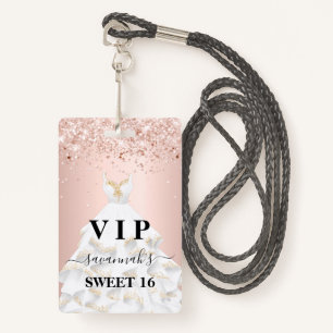Sweet 16 pink white dress name vip badge