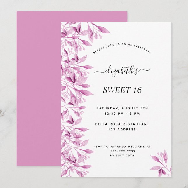 Sweet 16 pink white flowers elegant invitation (Front/Back)