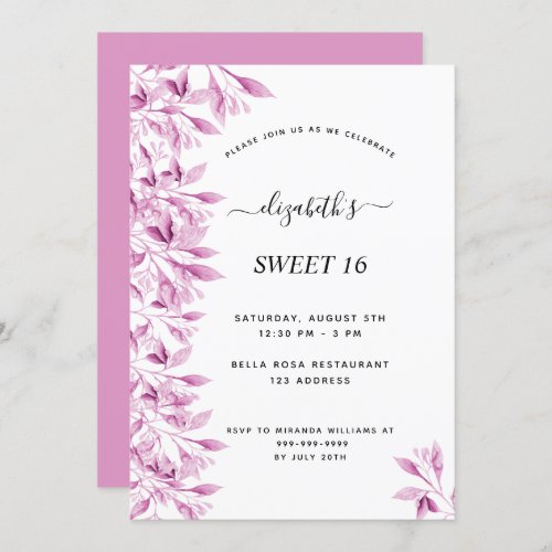 Sweet 16 pink white flowers elegant invitation
