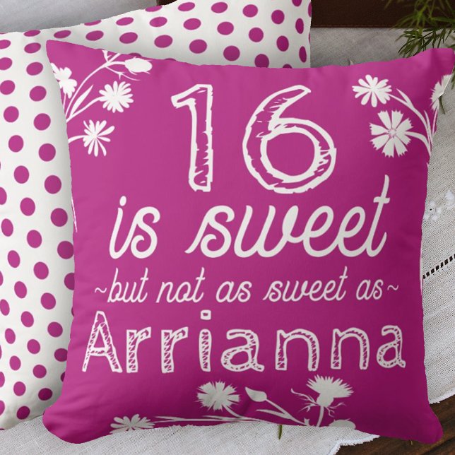 Sweet 16 Pink, White Flowers Personalized Throw Pillow (hot pink magenta sweet 16 sixteen throw pillow personalized sixteen name message cute polka dots)