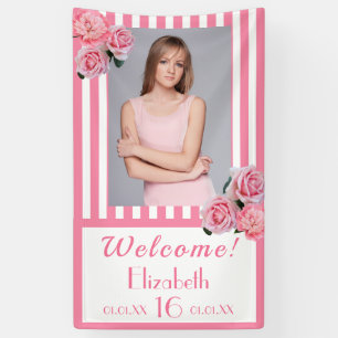Sweet 16 pink white stripes photo banner
