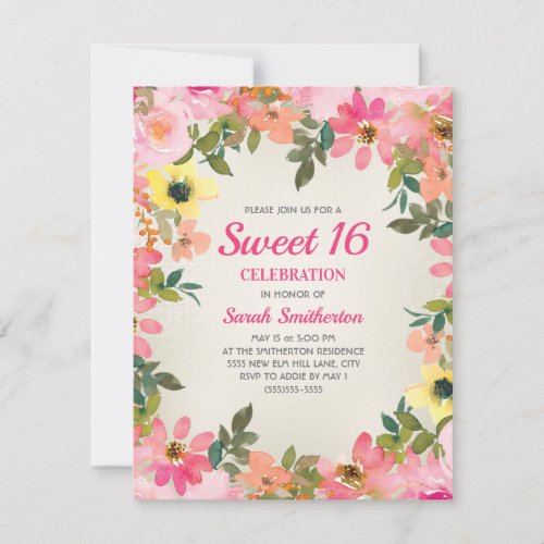 Sweet 16 Pink Yellow Watercolor Flowers Invitation