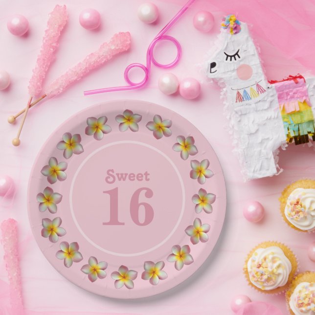 Sweet 16 & Plumeria Flowers on Pink Paper Plates (Party)