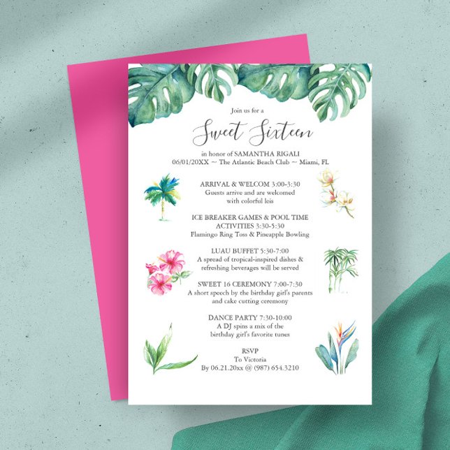 Sweet 16 Pool Party Birthday Invitations (Sweet 16 birthday invitations tropical watercolor itinerary art by Victoria Grigaliunas DoTellABelle)