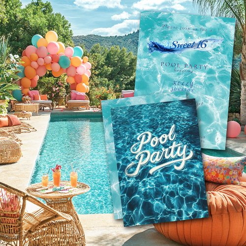  Sweet 16 Pool Party Blue Water Bubbles Invitation