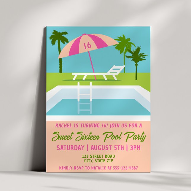 Sweet 16 Pool Party Summer Tropical Trendy Fun Invitation (Creator Uploaded)