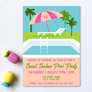 Sweet 16 Pool Party Tropical Swimming Pool Invitation