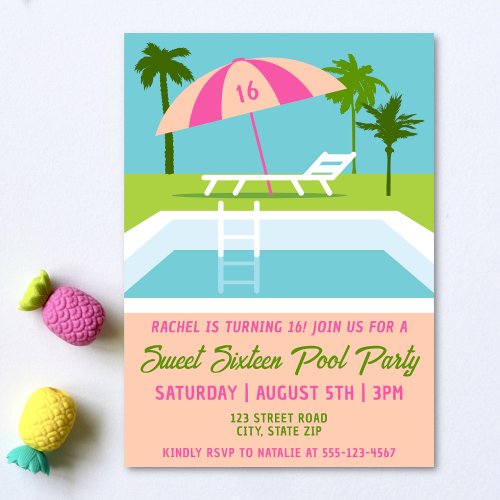 Sweet 16 Pool Party Tropical Swimming Pool  Invitation