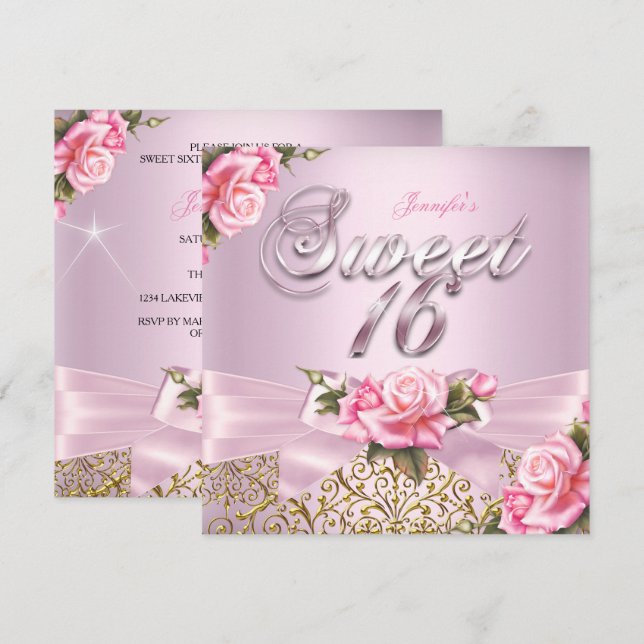 Sweet 16 Pretty Pink Rose Bow Birthday Party Invitation (Front/Back)