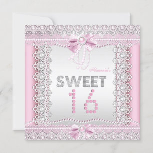 Sweet 16 Pretty Pink White Pearls Lace Bow Invitation