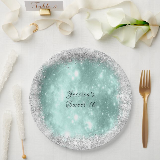 Sweet 16 Pretty Turquoise Sparkle, Silver Glitter  Paper Plates (Wedding)