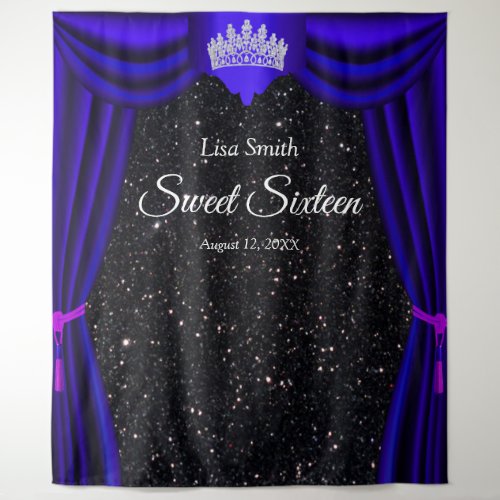 Sweet 16 Princess Crown Blue Curtain Black Glitter Tapestry