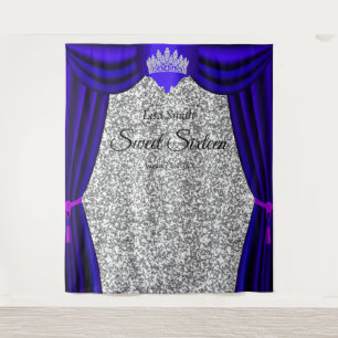 Sweet 16 Princess Crown Blue Curtain Silver Glitte Tapestry