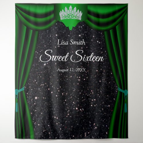 Sweet 16 Princess Crown Green Curtain Black Glitte Tapestry