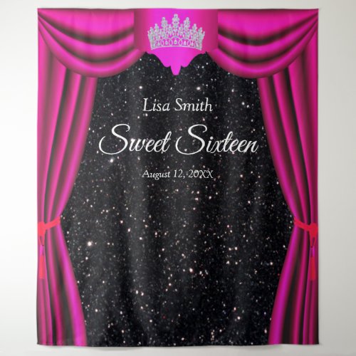 Sweet 16 Princess Crown Pink Curtain Black Glitter Tapestry