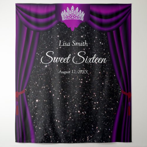 Sweet 16 Princess Crown Purple Curtain Black  Tapestry