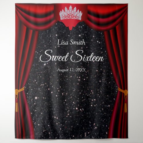 Sweet 16 Princess Crown Red Curtain Black Glitter  Tapestry