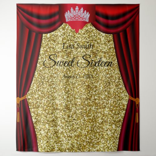 Sweet 16 Princess Crown Red Curtain Gold Glitter  Tapestry