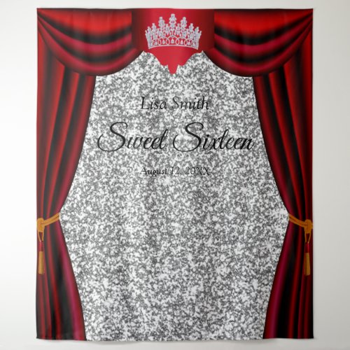 Sweet 16 Princess Crown Red Curtain Silver Glitter Tapestry