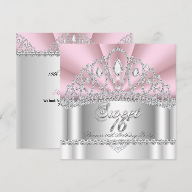 Sweet 16 Princess Pink White Diamond Tiara Invitation (Front/Back)