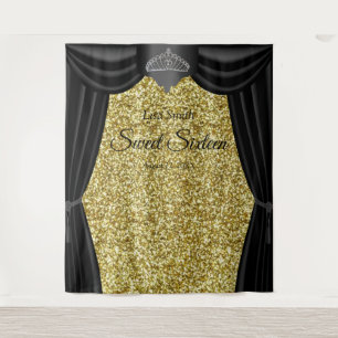 Sweet 16 Princess Tiara Black Curtain Gold Glitter Tapestry