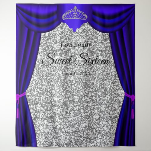 Sweet 16 Princess Tiara Blue Curtain Silver Glitte Tapestry