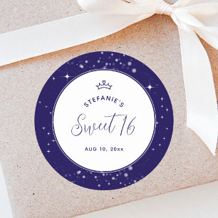 Sweet 16 Princess Tiara Crown Navy Blue Birthday Classic Round Sticker