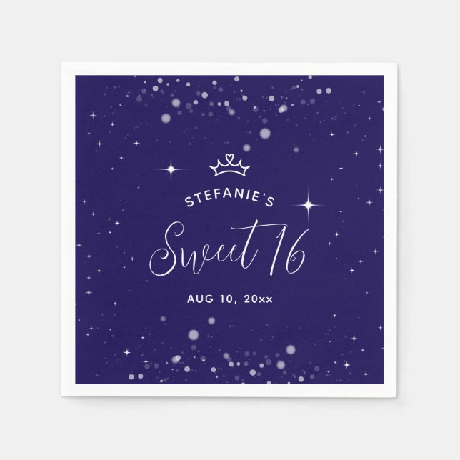 Sweet 16 Princess Tiara Crown Navy Blue Birthday Napkins (Front)