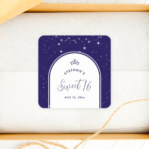 Sweet 16 Princess Tiara Crown Navy Blue Birthday Square Sticker