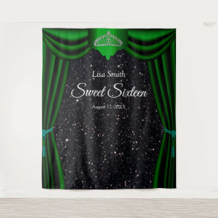 Sweet 16 Princess Tiara Green Curtain Black Glitte Tapestry