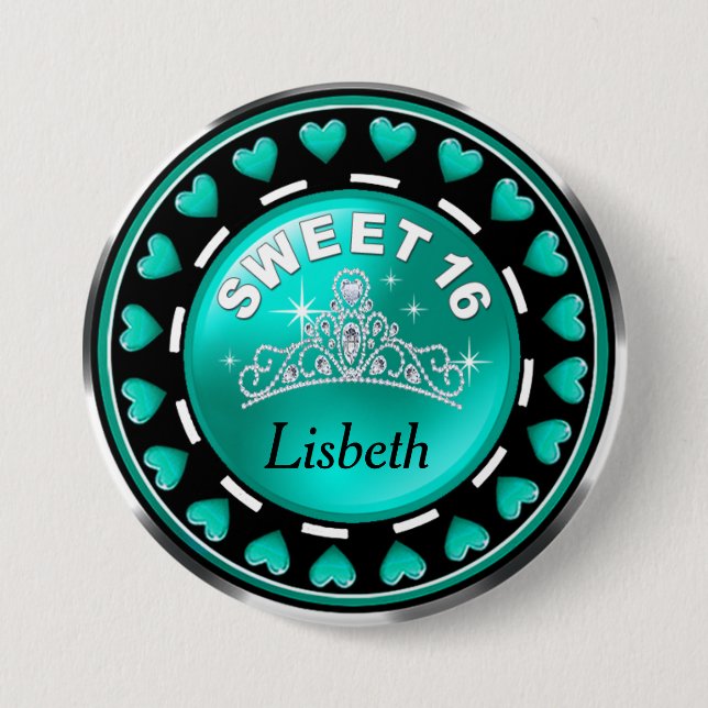 Sweet 16 Princess Tiara Love Hearts | aqua Pinback Button (Front)