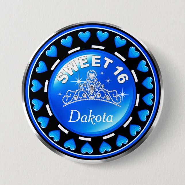 Sweet 16 Princess Tiara Love Hearts | blue Pinback Button (Front)