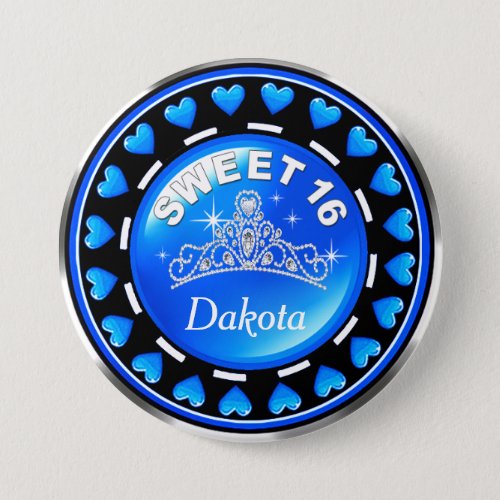 Sweet 16 Princess Tiara Love Hearts  blue Pinback Button