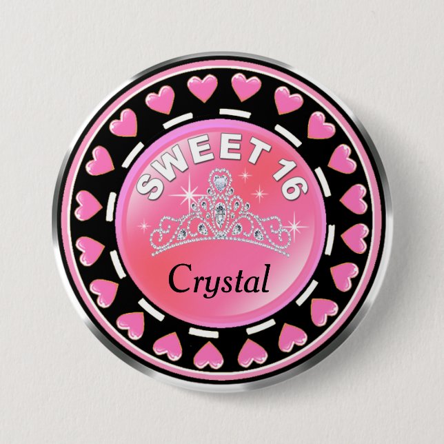 Sweet 16 Princess Tiara Love Hearts | pink Pinback Button (Front)