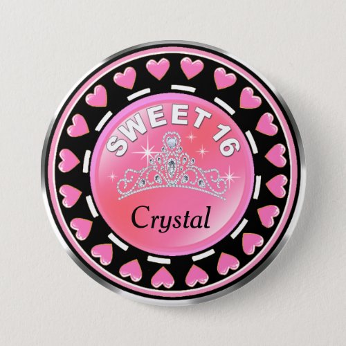 Sweet 16 Princess Tiara Love Hearts  pink Pinback Button