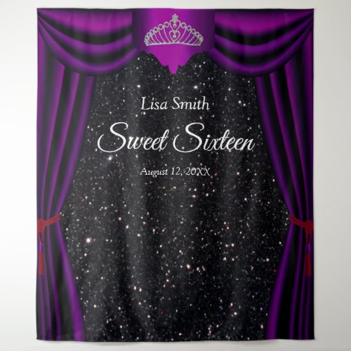 Sweet 16 Princess Tiara Purple Curtain Black Glitt Tapestry