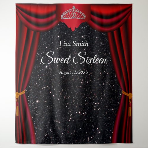 Sweet 16 Princess Tiara Red Curtain Black Glitter  Tapestry