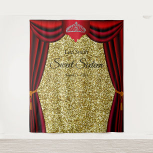 Sweet 16 Princess Tiara Red Curtain Gold Glitter Tapestry