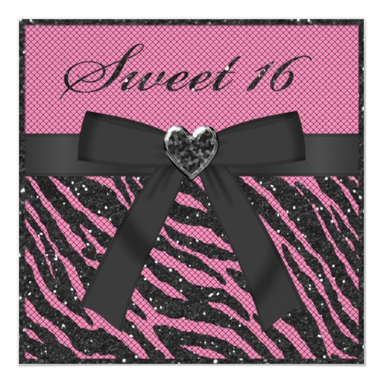 Sweet 16 Printed Zebra Stripe Glitter, Jewel & Bow Card